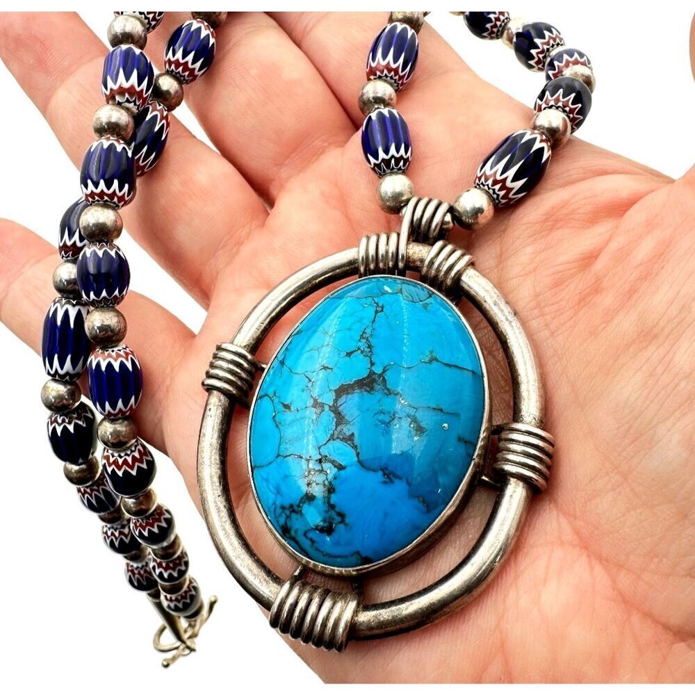 Native American Sterling Silver Turquoise Pendant Chevron Trade Beads Signed J